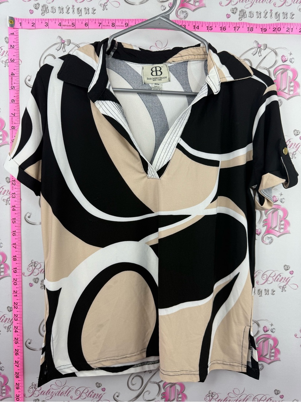 Bobbie Brooks tshirt top Beige and Black Abstract Short-Sleeve Polo